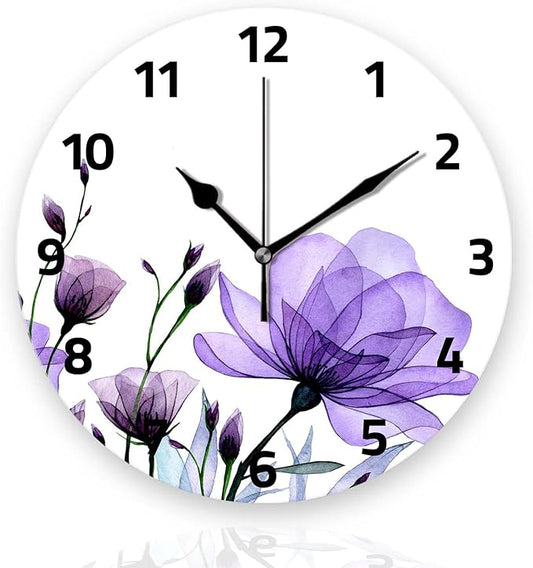 Battery Operated Wall Clocks 12 Inch,Purple Flowers,Silent Home Decor for Bathroom,Living Room,Bedroom