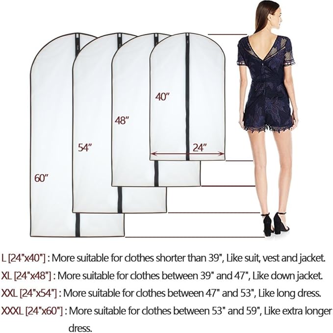 Garment Bag (Set of 6) Plastic Garment Bags with Zipper Hanging Clothes Cover Dress Bag for Suits, Coats Closet (24'' x 40'', Black)