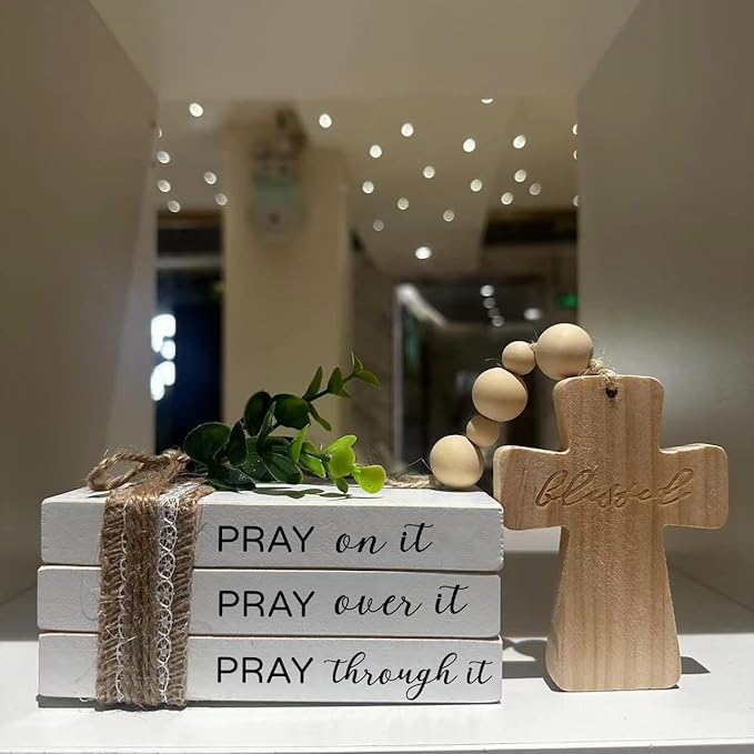 Farmhouse Mini Tiered Tray Decor, Religious Christian Book Stack, Pray On It Bookstack with Wood Bead Tassels and Cross,Christian Books Shelf Decoration (daztbible10)