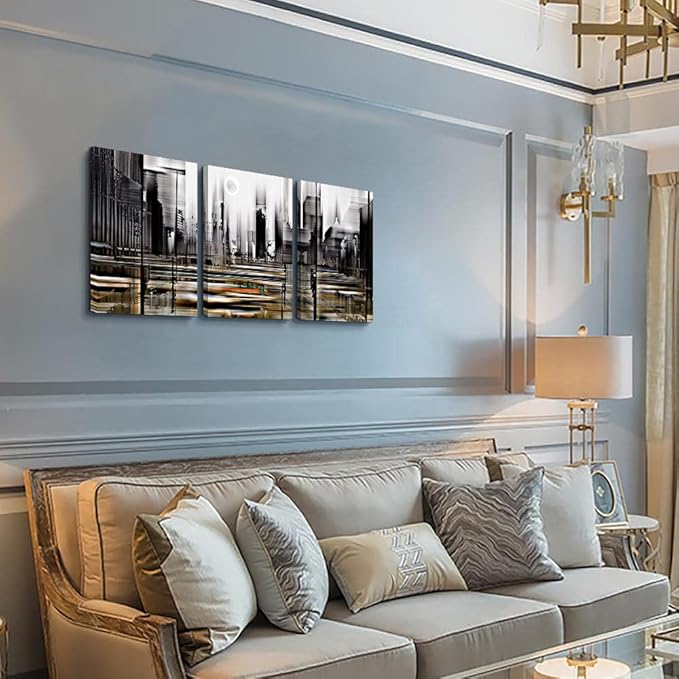 TTHYUEWS Canvas Wall Art For Living Room Family Wall Decorations For Bedroom Modern Office Wall Decor Black And White Abstract City Paintings Posters Prints Wall Pictures Artwork Home Decor 3 Piece