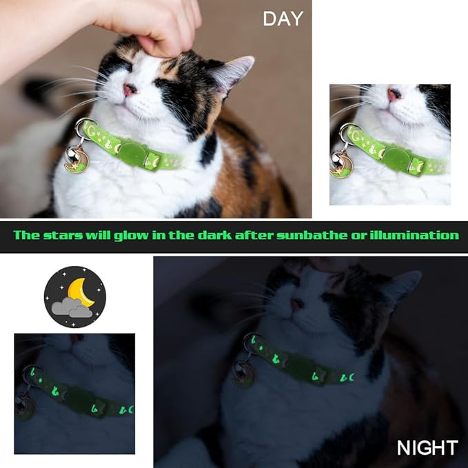 2PCS Breakaway Cat Collars with Bell Cute Kitty Glow in The Dark Adjustable Kitten Collars 6.9-10.7 Inch(Green&Black)