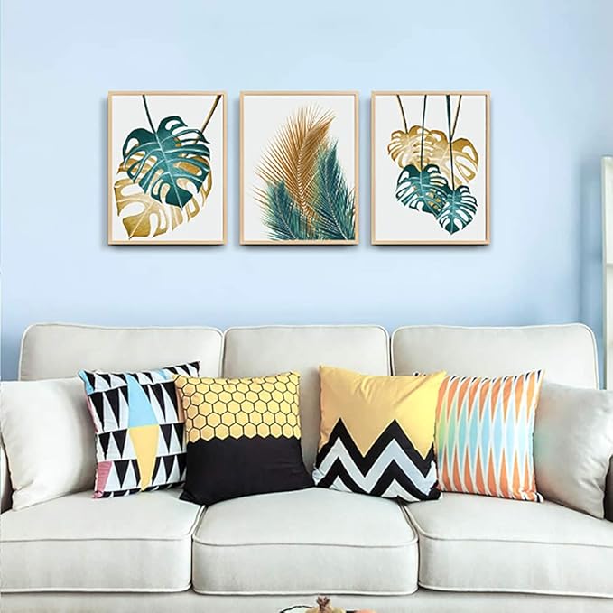 Natural Wood Framed Wall Art For Living Room Wall Decorations For Bedroom Kitchen Wall Decor Dining Room Abstract Painting Leaves Wall Pictures Artwork Bathroom Home Decor 3 Piece Framed Art Prints