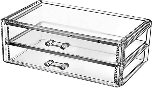 Makeup Organizer 2 Drawer Transparent Acrylic Makeup Storage Box Desk Jewelry & Clear Cosmetic Organizer Vanity Storage Display Box Dustproof Drawer Storage for Make Up, Jewelry, Pen
