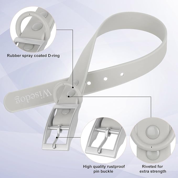 Wisedog Waterproof Dog Collar, Adjustable Soft Rubber Coated Webbing, Odor-Proof and Easy to Clean for Small Medium Large Dogs, with Airtags Case(S|8.5"-12.5" × 4/5 in, Gray)