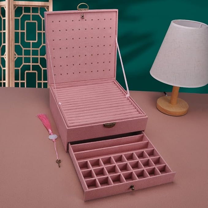 Jewelry Organizer 5 Layers Velvet Square Jewelry Box Women Necklace Ear studs Display Bangles Large Jewelry Storage Case Drawer GY306 (Pink)