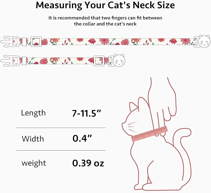 2 Pack Cotton Breakaway Cat Collar Green and Red Flowers Pendant Cute Kitten Cat Collar with Bell