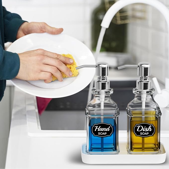 Soap Dispenser - 2 Pack, Antique Design Thick Glass Hand Soap Dispensers with Sturdy Tray; 304 Rust Proof Stainless Steel Silver Pump, 12Pcs Stickers, for Kitchen, Bathroom