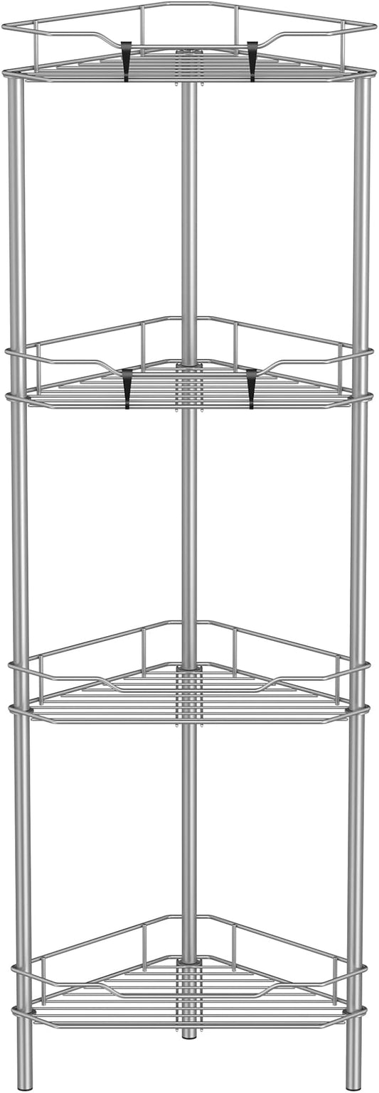 4 Tier Floor Standing Corner Shower Caddy Organizer Shelf with Hooks, Bathroom Shelves Stand Rack, Gray