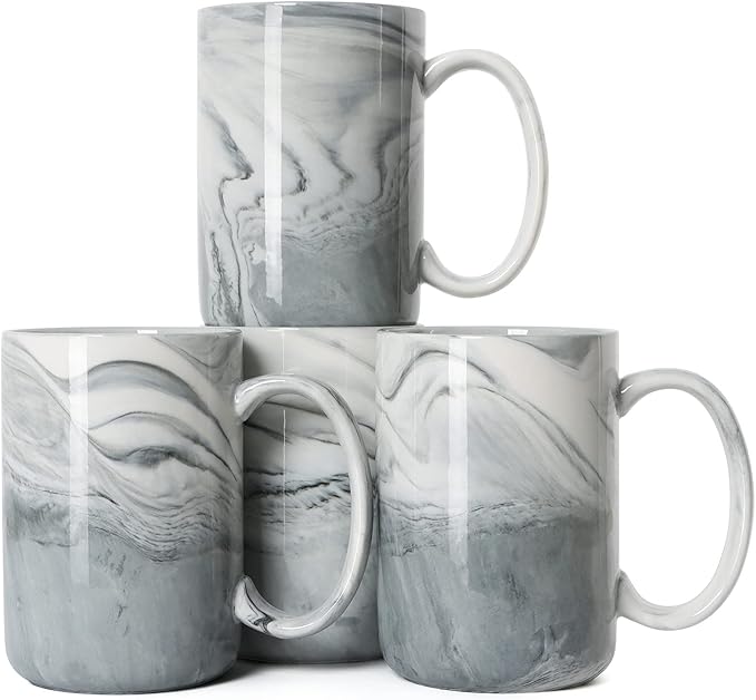 Smilatte 14 OZ Marble Coffee Mugs, M068 Novelty Marble Ceramic Cup for Home and Office, Microwave Dishwasher Safe, Set of 4, Gray
