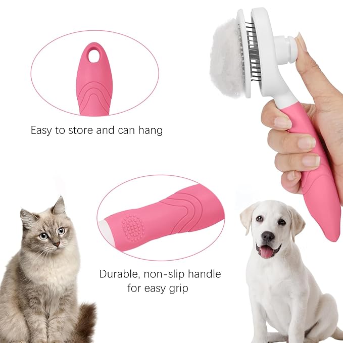 Cat Grooming Brush, Pets Skin Friendly Self Cleaning Slicker Brushes for Shedding Massage Dogs Cats Hair Gentle Remove Loose Undercoat with Long or Short Hairs for All Fur Type- UPGRADED (Pink)