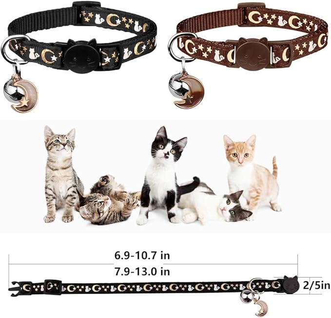 2PCS Breakaway Cat Collars with Bell Cute Kitty Glow in The Dark Adjustable Kitten Collars 6.9-10.7 Inch(Brown&Black)
