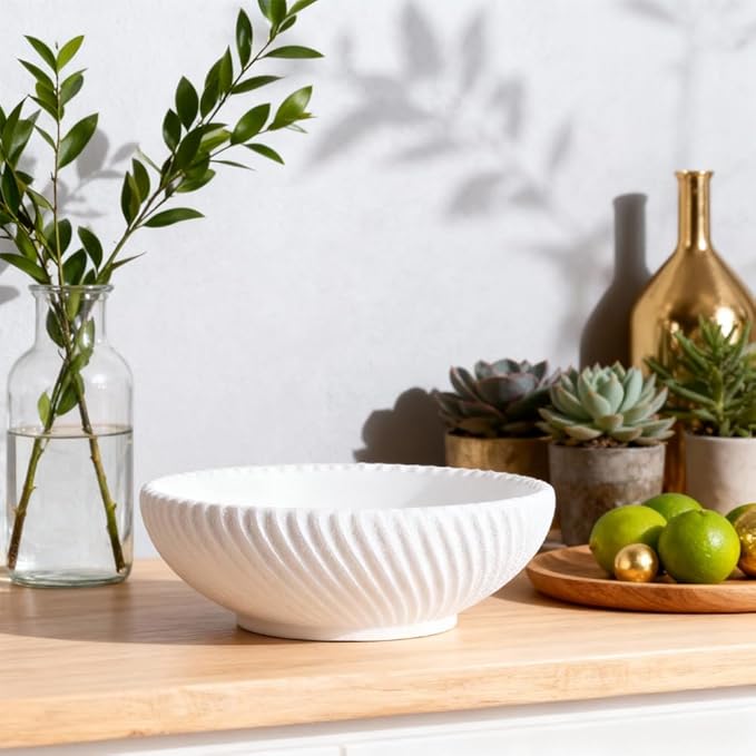 Large Resin Decorative Pedestal Bowl for Home Decor - White Ribbed Fruit Bowl For Kitchen Counter Or Table Decor - Key Bowl for Entryway Table Decor - Centerpiece Bowls for Keys, Fruit, Candy