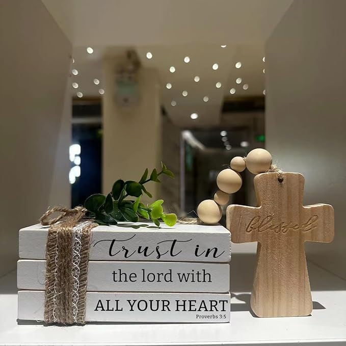 Mini Bible Scripture Book Stack, Farmhouse Christian Tiered Tray, Rustic Wooden Bead Tassels and Cross for Housewarming Gift (daztbible07)