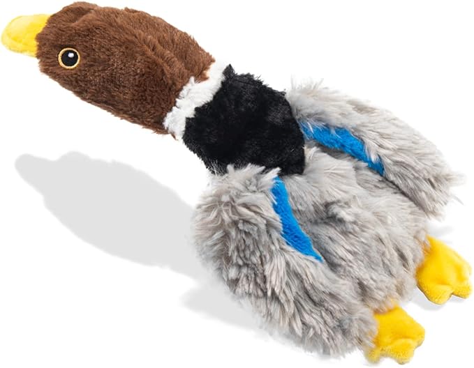 Extra-Plush Duck Dog Toy with 2 Squeakers & Crinkle – No Stuffing Gentle Chewer Squeaker for Calming Play, Soft Toy for Puppies to Senior Dogs (Long Pile, Brown & Grey)
