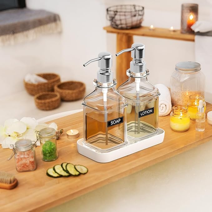 Soap Dispenser - 2 Pack, Antique Design Thick Glass Hand Soap Dispensers with Sturdy Tray; 304 Rust Proof Stainless Steel Silver Pump, 12Pcs Stickers, for Kitchen, Bathroom