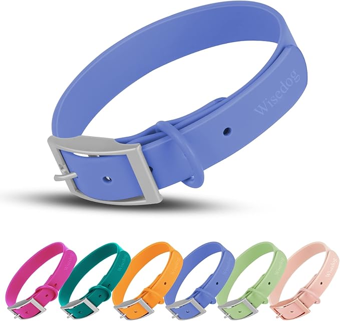 Wisedog Waterproof Dog Collar: Multiple Adjust 7" to 23.6", Soft Rubber Coated Webbing, Easy to Clean, for Small Medium Large Dogs (M|12"-16" × 4/5 in, Blue)