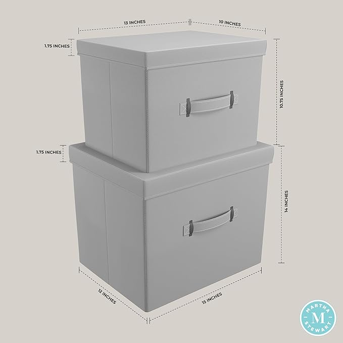 Martha Stewart Essential Collapsible Stackable Decorative Home Storage Organization With Lidded Tops, Set of 2 Nesting Boxes with Lids, Grey