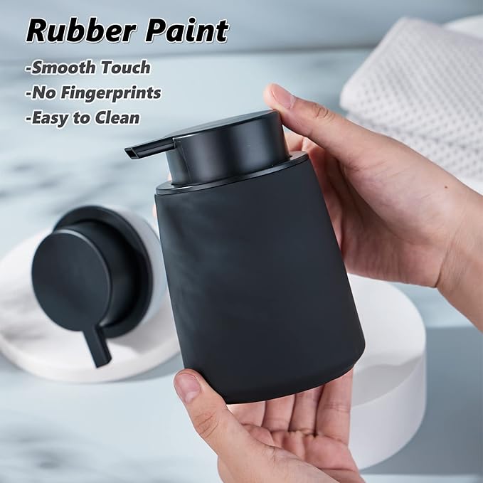 Black Foam Hand Soap Dispenser - 12Oz Ceramic Foaming Soap Dispenser with Easy-to-Press Black Pump, Reusable and Refillable Liquid Lotion Dish Soap Dispensers for Bathroom, Kitchen (Rubber Paint)