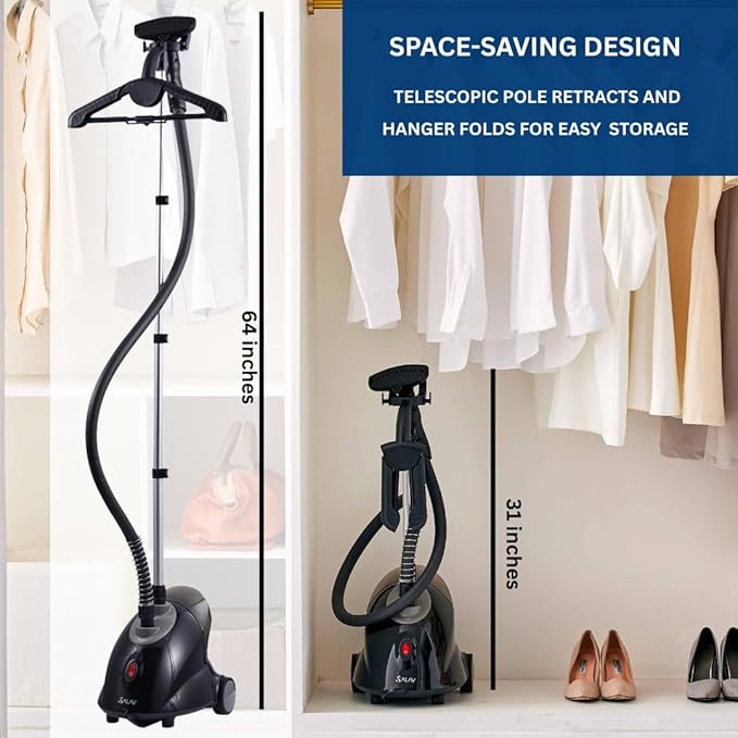SALAV GS18-DJ Standing Garment Steamer with Smart Auto-Off, Wheels for Easy Movement, 1.8L Water Tank for 1hr Continuous Steaming, Adjustable Pole for Storage, with Descaler Packet, 1500 watts