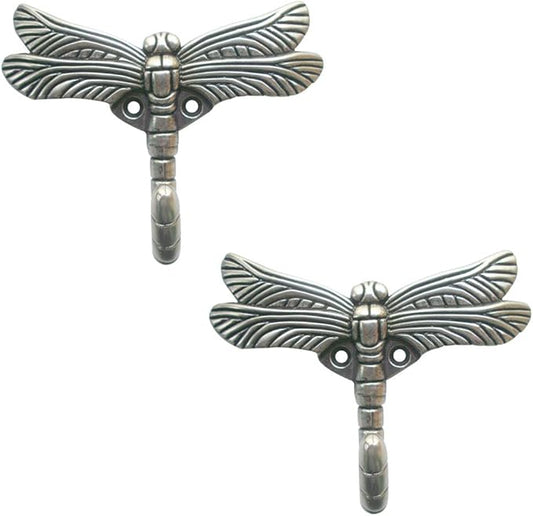 2pcs Dragonfly Coat Hooks Decorative Creativity Wall Mounted Hanger Hook for Home Handbag Key Towel Bathrobe (Ancient Silver)