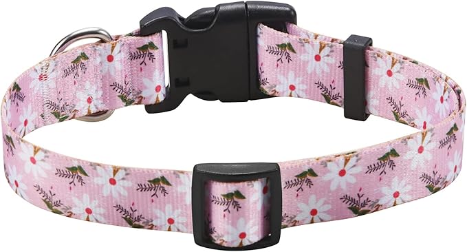 Dog Collar with Bohemia Floral Tribal Geometric Patterns - Soft Ethnic Style Collar Adjustable for Small Medium Large Dogs (Pink White Flower,S)