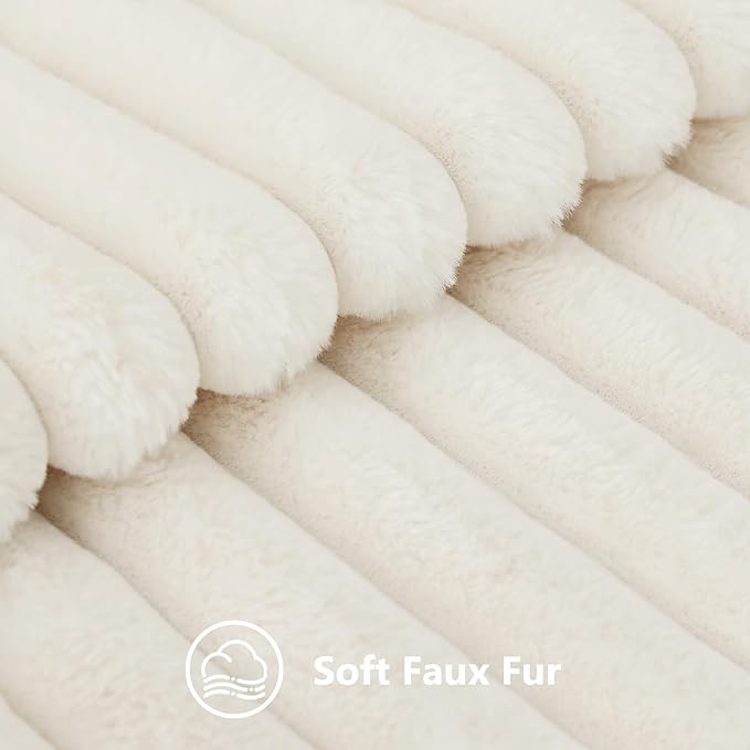 decorUhome Faux Fur Spring Throw Pillow Covers 20x20 Set of 2, Decorative Soft Plush Striped Neutral Couch Pillow Covers with Velvet Back for Sofa, Bed, Living Room Home, Cream White