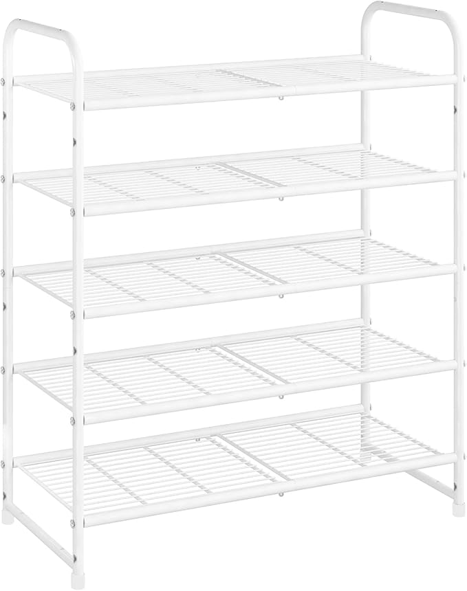Simple Trending 5-Tier Stackable Shoe Rack, Expandable & Adjustable Shoe Organizer Storage Shelf, Wire Grid, White