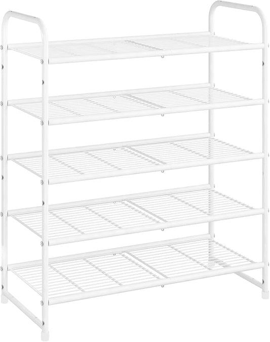 Simple Trending 5-Tier Stackable Shoe Rack, Expandable & Adjustable Shoe Organizer Storage Shelf, Wire Grid, White