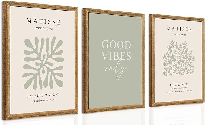 arfitest Matisse Print Frame Wall Art Green Minimalist Abstract Wall Decor Aesthetics Academy Style Print for Living Room Bedroom Bathroom Painting Decoration 12x16 Inch 3 Pieces