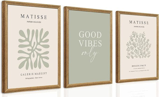 arfitest Matisse Print Frame Wall Art Green Minimalist Abstract Wall Decor Aesthetics Academy Style Print for Living Room Bedroom Bathroom Painting Decoration 12x16 Inch 3 Pieces