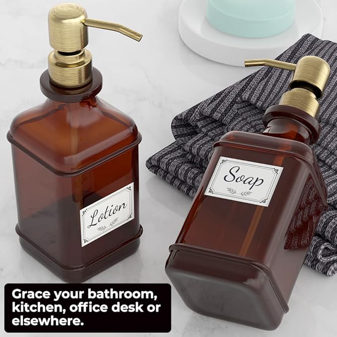 GLADPURE Soap Dispenser 2 Pack, Hand Soap Dispensers with 18 Oz Antique Design Thick Amber Glass Bottle, 316 Rust Proof Stainless Steel Pump, 6Pcs Stickers, for Lotion, Soap - Brushed Gold