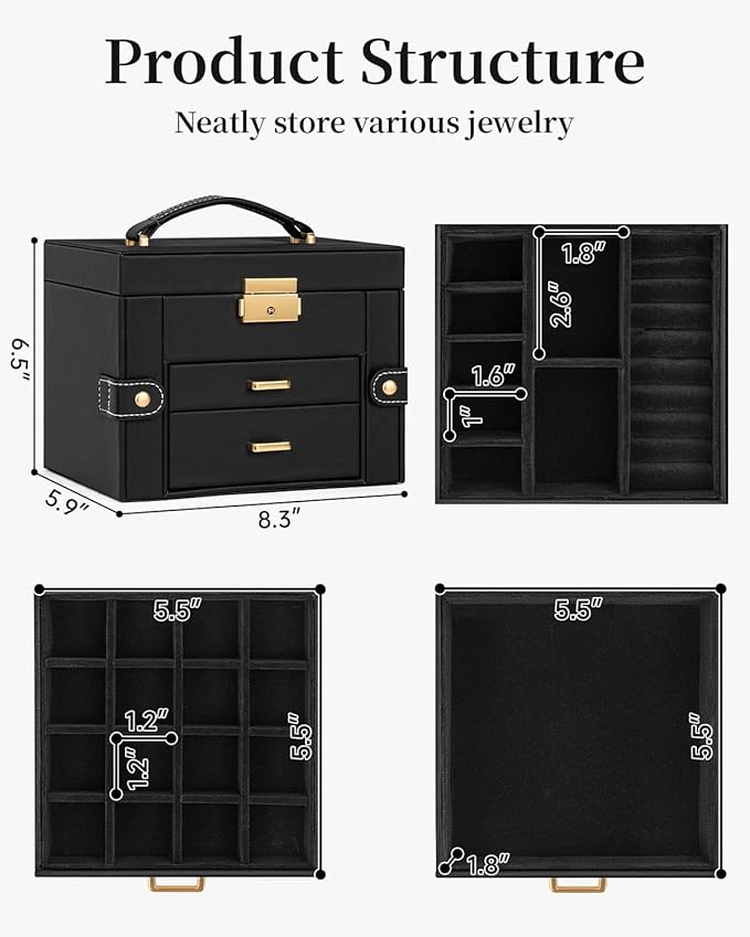 TORIBIO Jewelry Box for Women, Leather Jewelry Organizer with Mirror & Lock, 3-Tier Jewelry Storage Organizer with 2 Drawers for Girls/Women/Mothers, Necklace Earring Bracelets Holder Organizer
