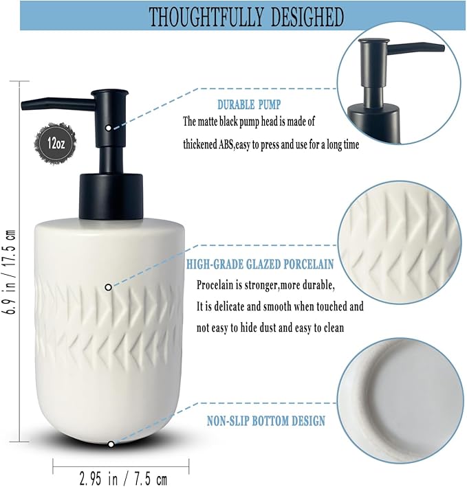 White Soap Dispenser with Matte Black Pump for Bathroom,Cylindrical Lotion Dispenser,12oz Ceramic Relief Hand Dish Soap Dispenser,Refillable Liquid Dispenser for Kitchen (Relief White)