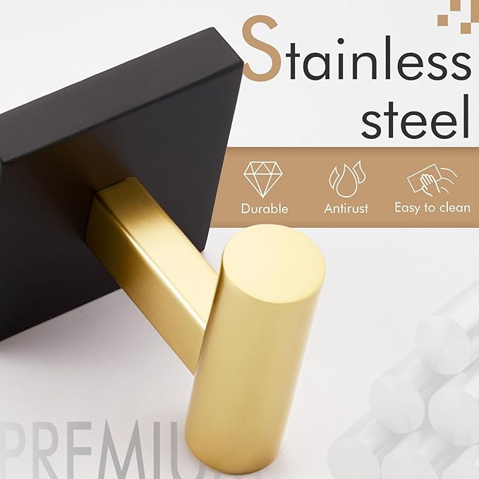 KOKOSIRI Robe Hooks for Wall Mount Bathroom Towel Hook, Coat Hooks Bath Storage Hardware 3 Pack Black with Gold Stainless Steel B1013GDK-P3