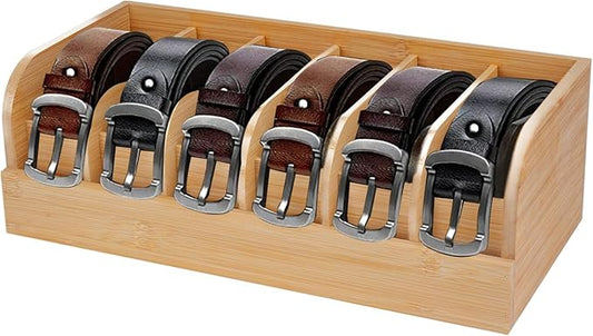 GTI Belt Organizer, 6 Compartments Belt Organizer for Closet and Drawer, Bamboo Display Case for Tie and Belt, Belt Storage Organizer for Men Women (Wooden)