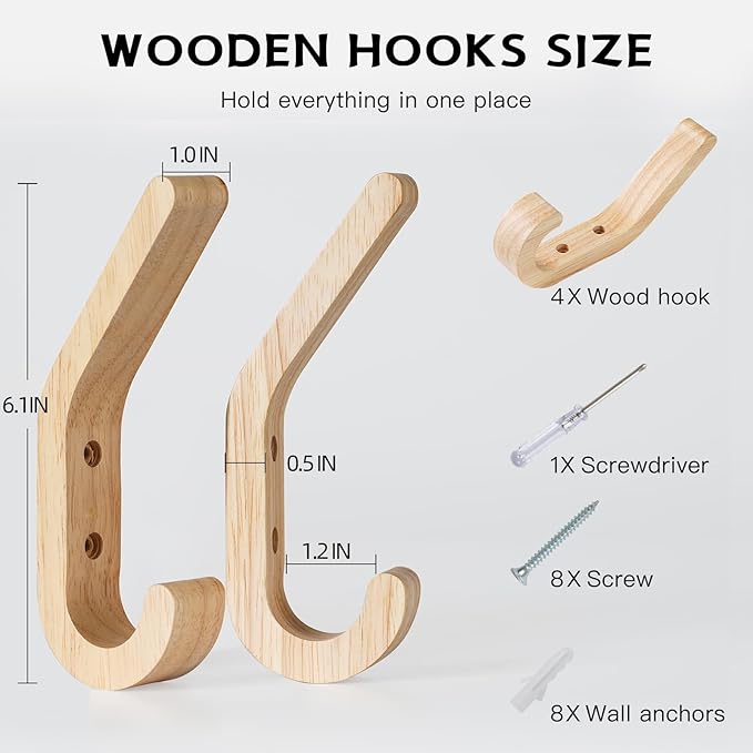 Natural Wood Wall Hooks,4 Pack Wall Mounted Wooden Coat Hooks,Modern Decorative Wooden Peg Hook for Entrance Wall,Heavy Duty Bag Hanger Hooks for Hanging Coats,Key,Towels,Purse(Oak Wood)