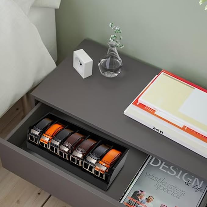 GTI Belt Organizer,2pcs 7 Compartments Belt Organizer for Closet and Drawer, Bamboo Display Case for Tie and Belt, Belt Storage Organizer for Men Women (Black)