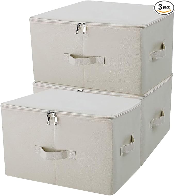 Pack of 3, Folding Rigid Sides Clothing Storage Organizer Bins with Zip Lid, Clothes/Blankets/Books/Magazines Storing Cubes for Living Room, Bedroom, Light Gray