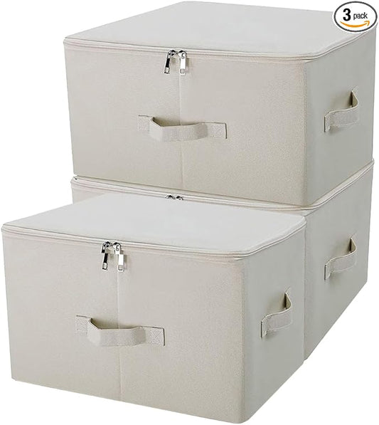 Pack of 3, Folding Rigid Sides Clothing Storage Organizer Bins with Zip Lid, Clothes/Blankets/Books/Magazines Storing Cubes for Living Room, Bedroom, Light Gray