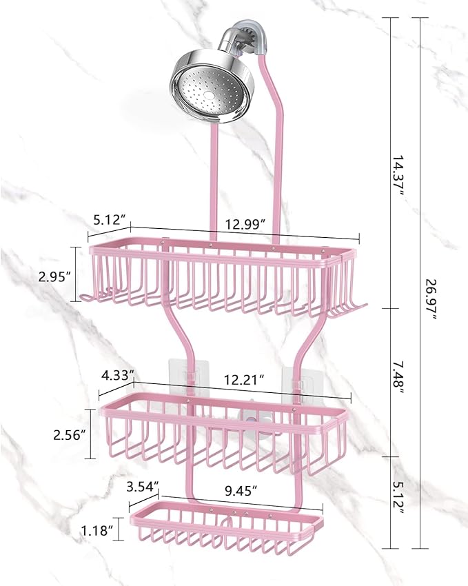 Pink Shower Caddy for Bathroom - Never Rust Hanging Shower Organizer with Soap Basket and Hooks - Large Capacity 3 Tier Aluminum Over The Showerhead Caddy