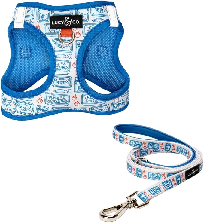 Lucy & Co. Tinned Fish Step-in Cat Harness & Leash Bundle – Reflective, Breathable & Adjustable Harness for Cats, Kittens & Small Dogs, Lightweight & Secure and Dual Leash Clips – Large