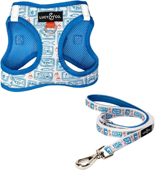 Lucy & Co. Tinned Fish Step-in Cat Harness & Leash Bundle – Reflective, Breathable & Adjustable Harness for Cats, Kittens & Small Dogs, Lightweight & Secure and Dual Leash Clips – Medium