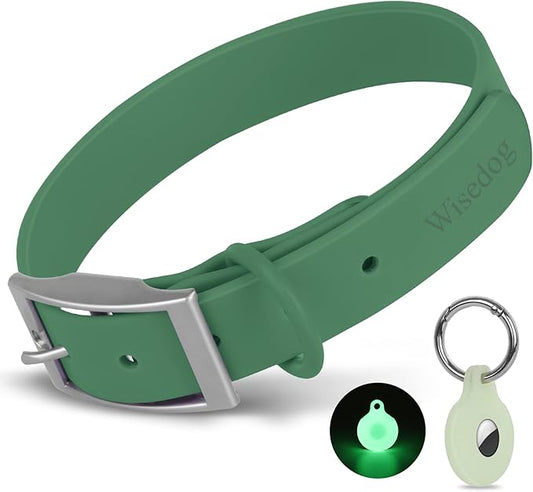 Wisedog Waterproof Dog Collar, Adjustable Soft Rubber Coated Webbing, Odor-Proof and Easy to Clean for Small Medium Large Dogs, with Airtags Case(L|15"-19" × 1 in, Pine Green)