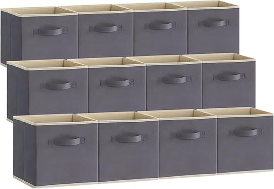 Lifewit 13 Inch Cube Storage Bins, 12 Packs Storage Cubes Foldable Decorative Fabric Storage Baskets for Organizing Home Organizers with Handles for Shelves, Closet, Grey