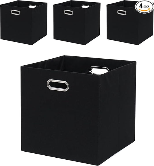Collapsible Organization Basket Fabric Foldable Box with Handles, 13x13 Cube Storage Bins Set of 4, Thick and Heavy Duty Storage Baskets for Shelves Bedroom Livingroom,Black