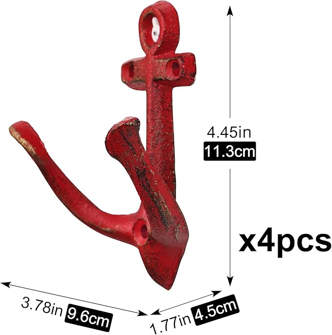 XINGYAN Vintage Rustic Cast Iron Nautical Sea Anchor Design Wall Hooks,Home Coat Rack,Decorative Wall Mounted Antique Shabby Chic Metal Bathroom Towel,Coat Hooks,Hanger,Screws Inside (Red[4pcs])