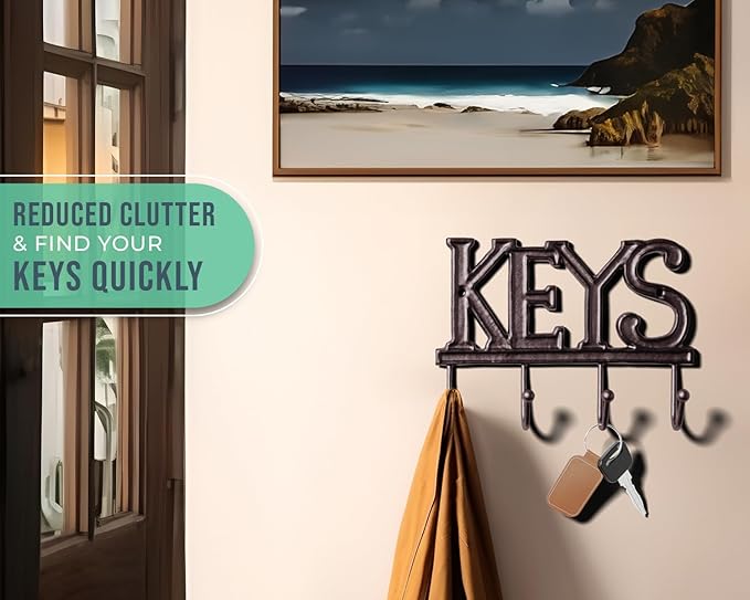 Comfify Key Holder for Wall - Cast Iron Decorative Farmhouse Rustic Wall Mount Key Organizer - 4 Key Hooks - Vintage Key Rack for Entryway with Screws and Anchors – 6x8” - Rust Brown