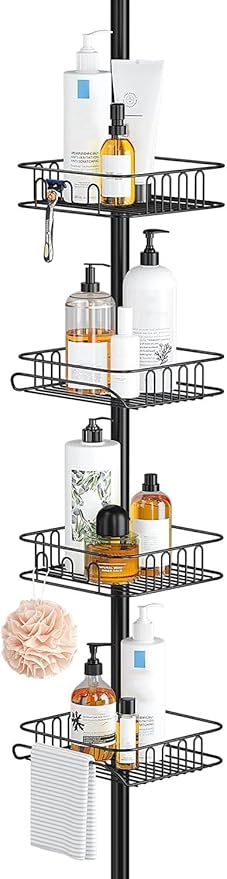 SEIRIONE Rustproof Shower Caddy and Organizer Corner for Bathroom, Tension Pole With 4 Adjustable Baskets for Shower Accessories, 34 to 116 Inch Height, Black