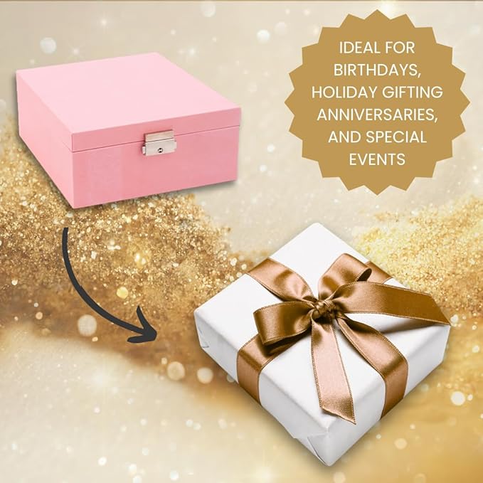 2 Layer Jewelry Box, Jewelry Organizer For Woman, Men & Girls Large Case 8.5x7.5x3.3in | PU Leather Jewelry Gift Storage Boxes For Ring, Necklace & Bracelet With Lock (Pink)