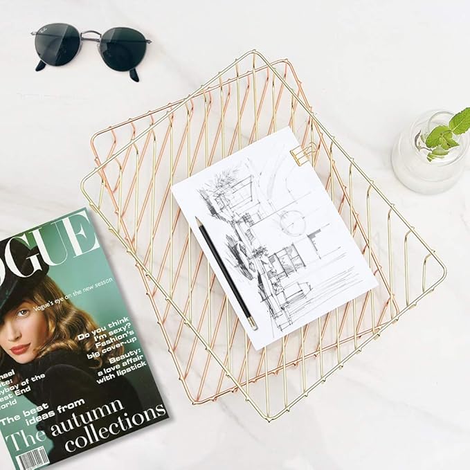 Rose Gold File Organizer for Desk Letter Size Desk Paper Organizer Trays Large Capacity Metal File Organizer Paper Tray Wire Basket Bins for Office Desktop,12.5" x 9.4" x 1.9"